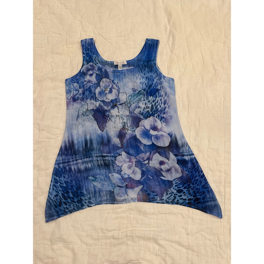 Dressbarn Blue Floral Cheetah Rhinestone Sharkbite Asymmetic Hem Tank Top Small